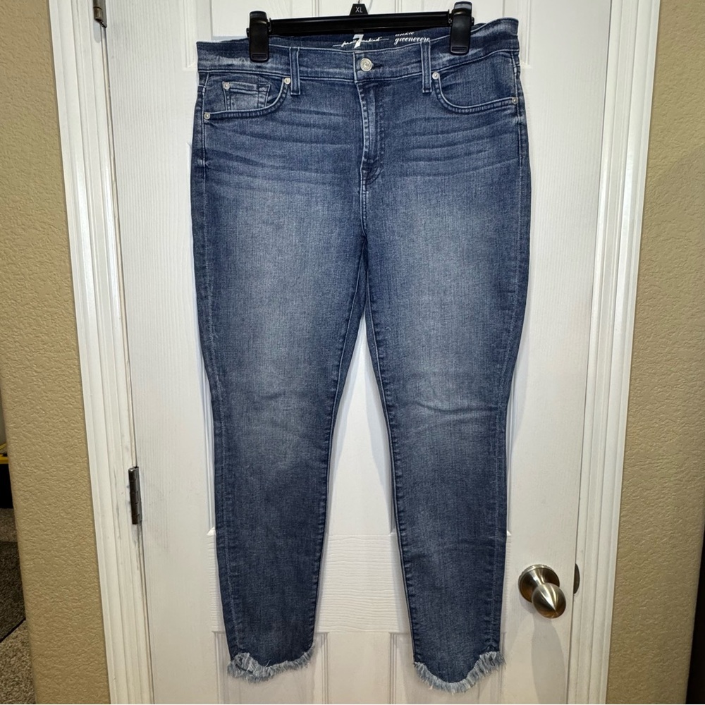 7 For All Mankind Women's Size 32 Frayed Ankle Denim Blue Jeans